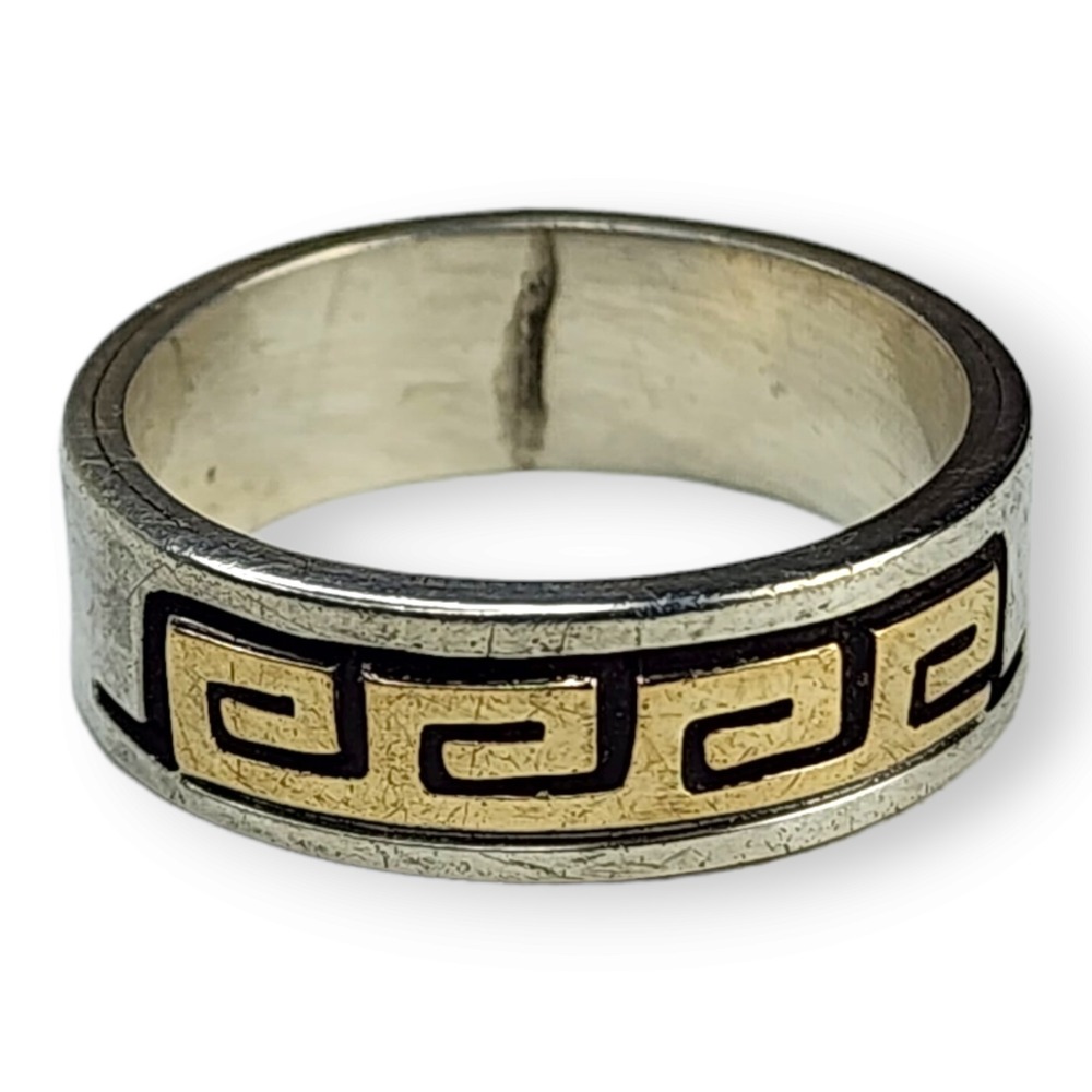 Vintage Southwestern Sterling Silver 14KT Gold Geometric Band Ring Size 6.5
